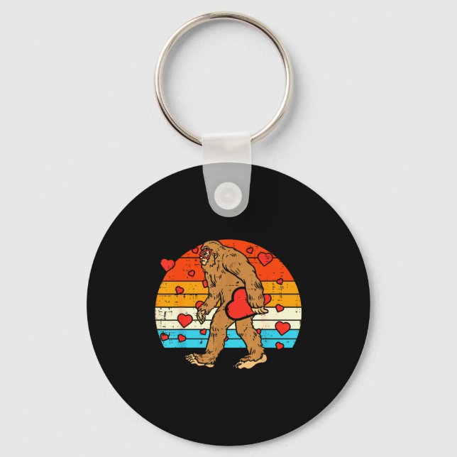 Bigfoot Sasquatch Retro Heart Funny Valentines Day Keychain (Front)
