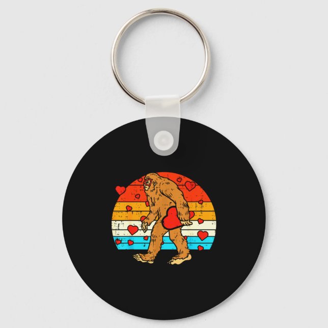 Bigfoot Sasquatch Retro Heart Funny Valentines Day Keychain (Front)