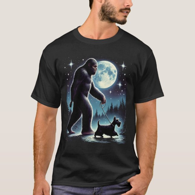Bigfoot Sasquatch Scottish Terrier Walking Dog T-Shirt (Front)