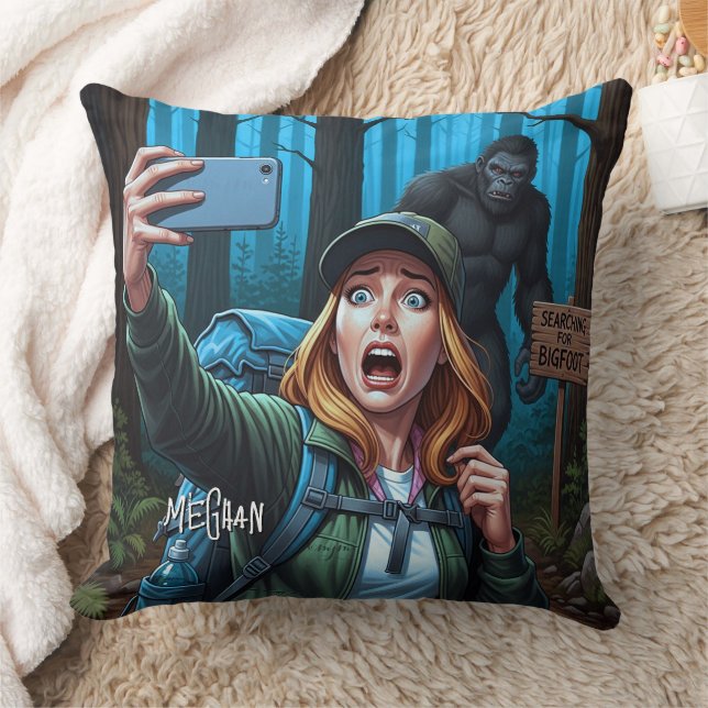 Bigfoot Sasquatch Selfie Throw Pillow (Blanket)