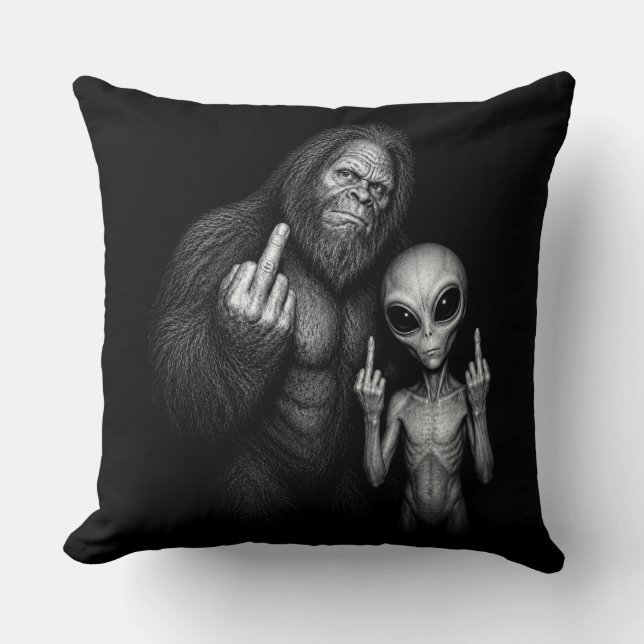 Bigfoot Sasquatch Space Alien Middle Finger Throw Pillow (Front)
