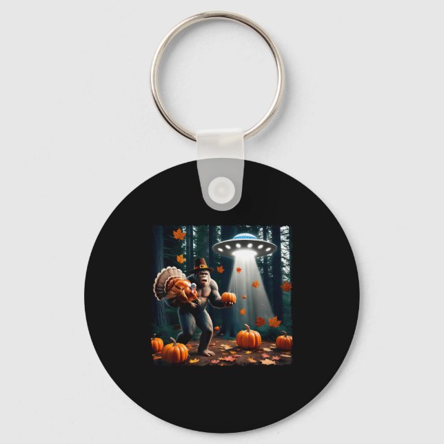 Bigfoot Sasquatch Turkey Ufos Funny Thanksgiving D Keychain (Front)