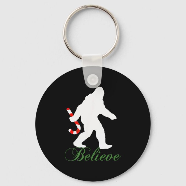 Bigfoot Sasquatch Yeti Believe Candy Cane Christma Keychain (Front)