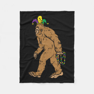 Bigfoot Sasquatsh Jester Hat Beads Funny Mardi Gra Fleece Blanket