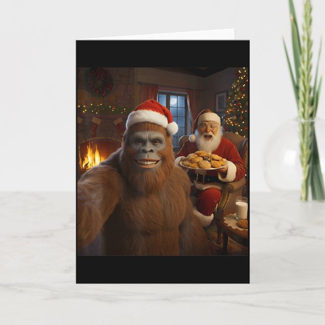 Bigfoot Selfie With Santa Claus Funny Christmas Me Card (Front)
