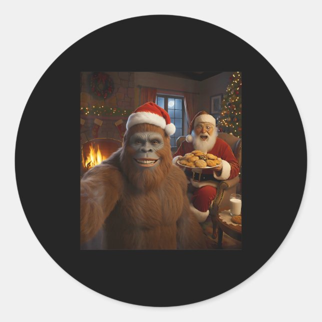 Bigfoot Selfie With Santa Claus Funny Christmas Me Classic Round Sticker (Front)