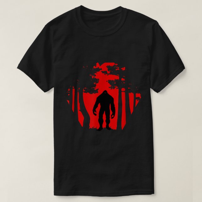 Bigfoot Silhouette in Red Forest T-Shirt (Design Front)