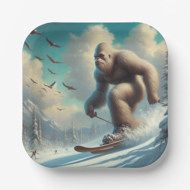Bigfoot Skiing Paper Plate (Front)