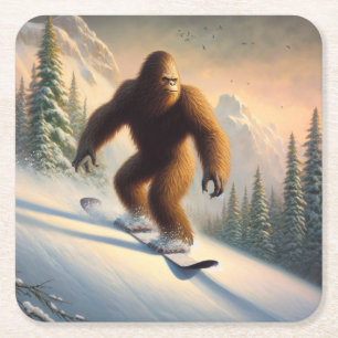 Bigfoot Snowboarding Square Paper Coaster