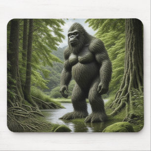 Bigfoot standing in a Creek Cartoon Mouse Pad