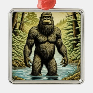 Bigfoot standing in Water Cartoon Metal Ornament