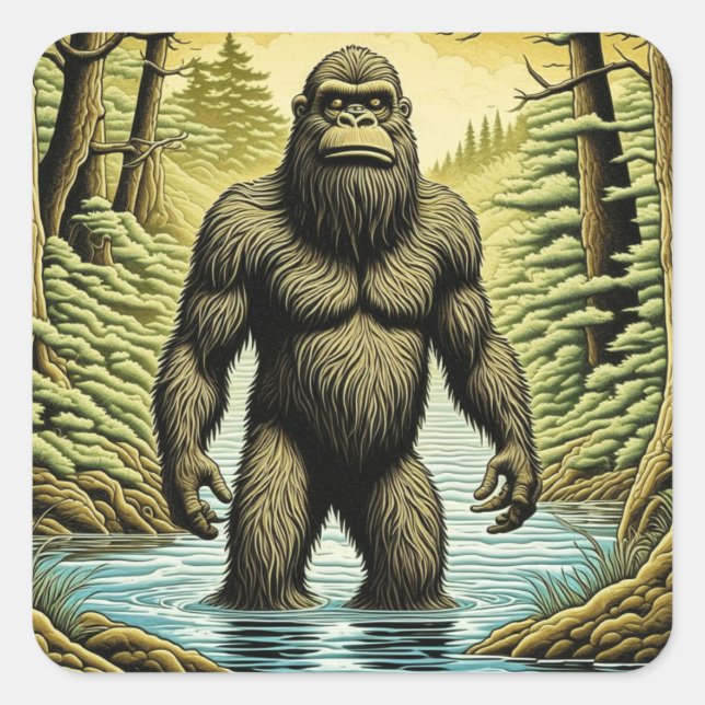 Bigfoot standing in Water Cartoon Square Sticker (Front)