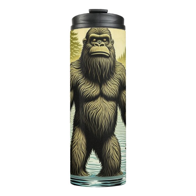 Bigfoot standing in Water Cartoon Thermal Tumbler (Front)