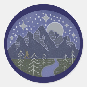 Bigfoot Starry Night Walk Cryptid Folk Art Classic Round Sticker