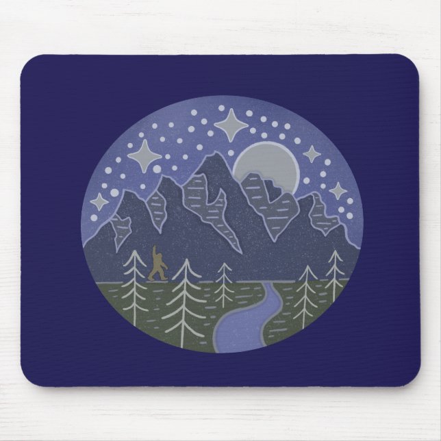 Bigfoot Starry Night Walk | Cryptid Folk Art Mouse Pad (Front)