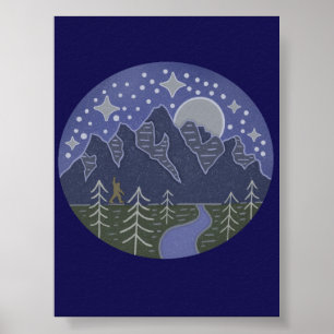 Bigfoot Starry Night Walk   Cryptid Folk Art Poster