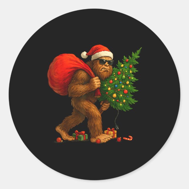 Bigfoot Stealing Christmas Tree Lights Xmas Boys M Classic Round Sticker (Front)
