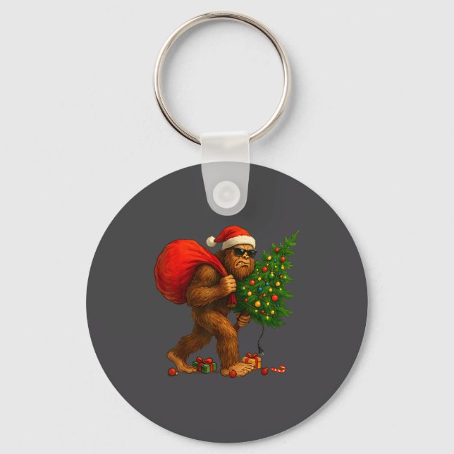 Bigfoot Stealing Christmas Tree Lights Xmas Boys M Keychain (Front)