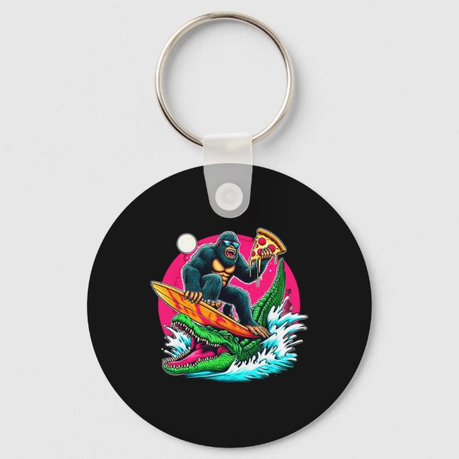 Bigfoot Surfing Eating Pizza Alligator Attack Funn Keychain (Front)