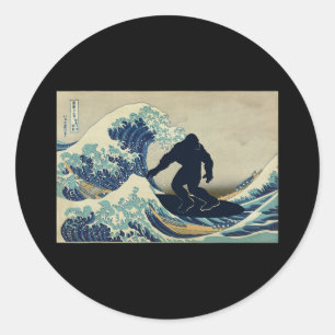 Bigfoot Surfing Great Wave Off Kanagawa Classic Round Sticker
