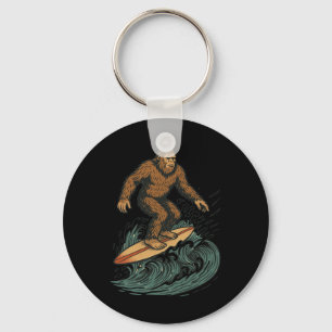 Bigfoot Surfing Retro Beach Cryptid Art For Summer Keychain