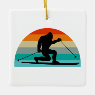 Bigfoot Telemark Skiing Rainbow Ceramic Ornament