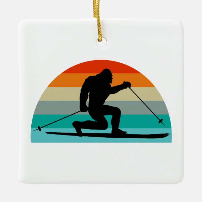 Bigfoot Telemark Skiing Rainbow Ceramic Ornament (Front)