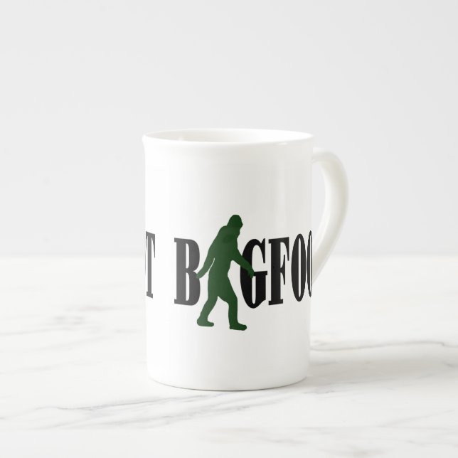 Bigfoot text & green squatch graphic bone china mug (Front Right)