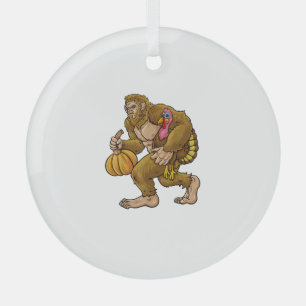 Bigfoot Thanksgiving Steals Turkey & Pumpkin Hide_ Glass Ornament