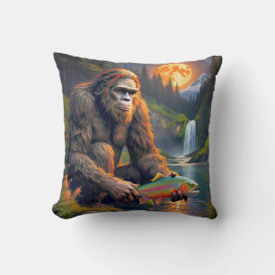 Bigfoot Trout Fishing by Moonlight Throw Pillow