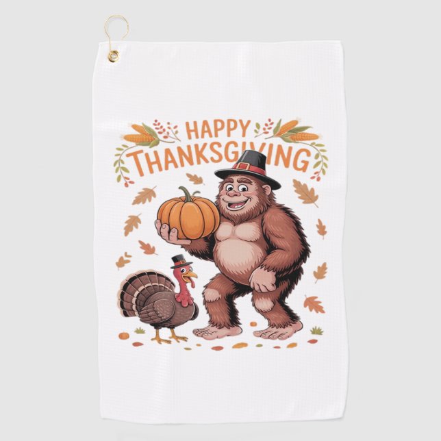 Bigfoot Turkey Pumpkin Thanksgiving Day Classic T- Golf Towel (Front)