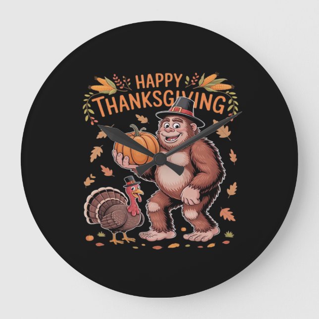 Bigfoot Turkey Pumpkin Thanksgiving Day Classic T- Large Clock (Front)