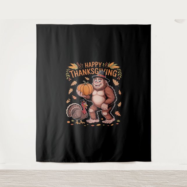 Bigfoot Turkey Pumpkin Thanksgiving Day Classic T- Tapestry (Front)