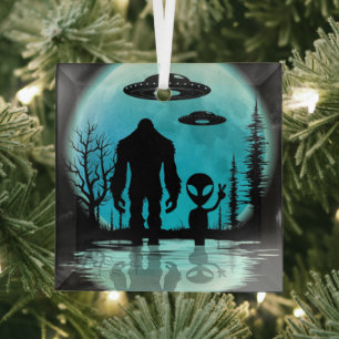 Bigfoot UFO Alien Glass Ornament