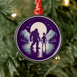 Bigfoot UFO Alien Paranormal Encounter Christmas Metal Ornament