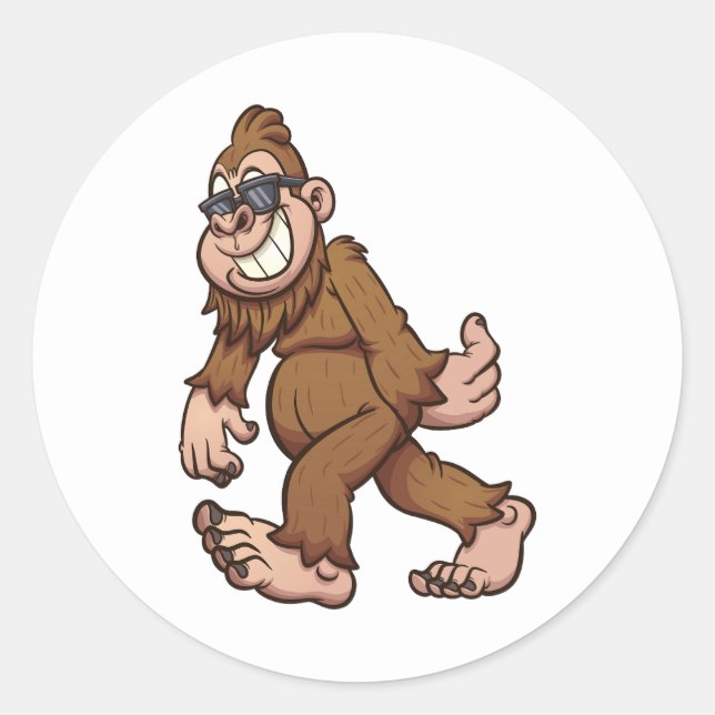 bigfoot walking and wearing sunglasses classic round sticker (Front)