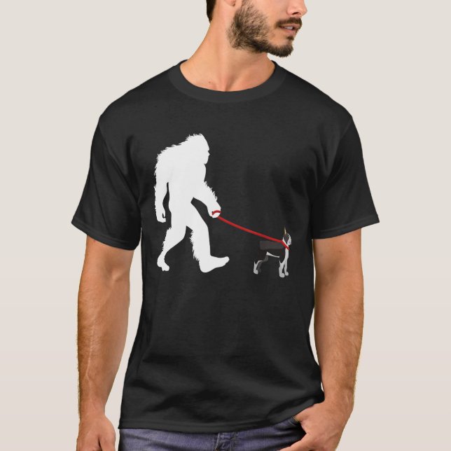 Bigfoot Walking Boston Terrier T-Shirt (Front)