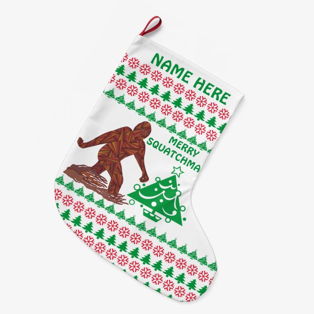 Bigfoot Walking Merry Squatchmas Personalized Large Christmas Stocking (Front (Hanging))