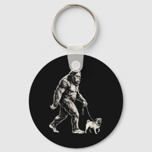 Bigfoot Walking Pug Funny Sasquatch Dog Walker Keychain
