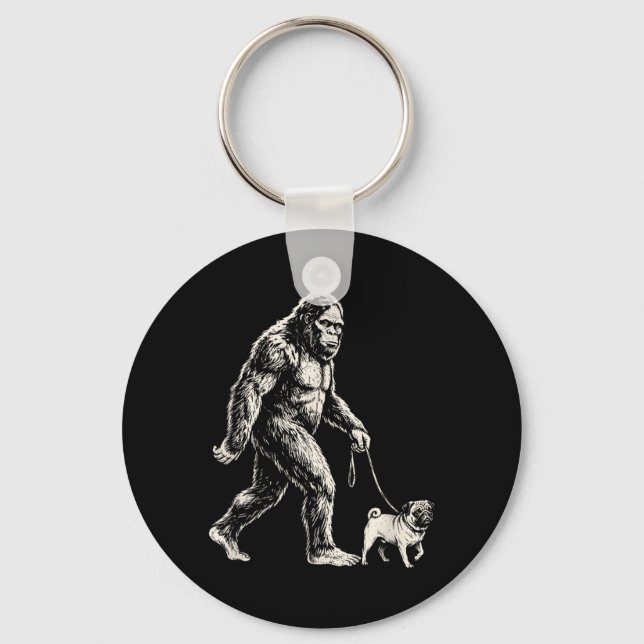 Bigfoot Walking Pug Funny Sasquatch Dog Walker Keychain (Front)