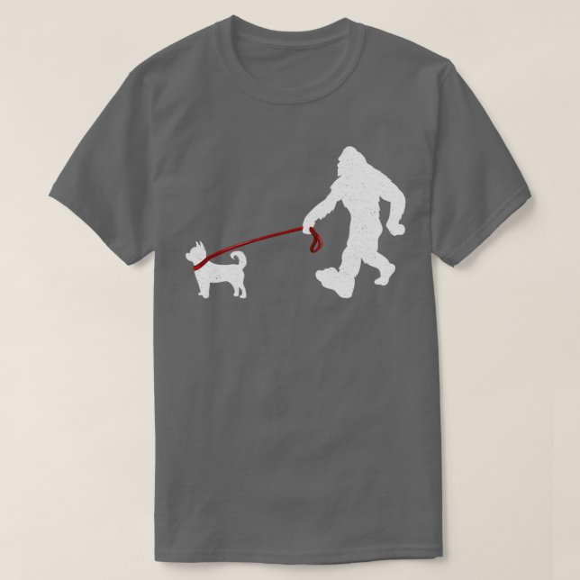 Bigfoot Walking With Chihuahua Dog Funny Bigfoot a T-Shirt (Design Front)