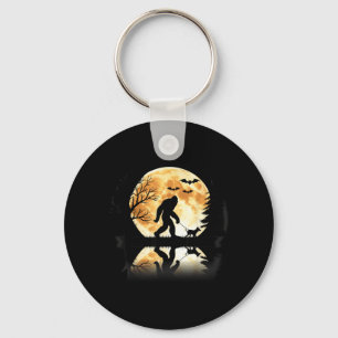 Bigfoot Walking With Dog Funny Halloween Moon Keychain