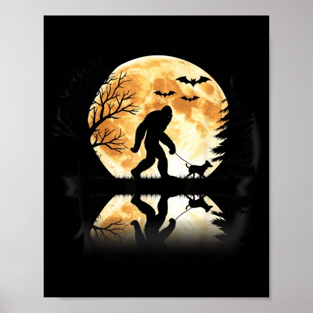 Bigfoot Walking With Dog Funny Halloween Moon Poster (Front)