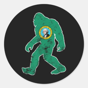 Bigfoot Washington Flag State Sasquatch Men Women Classic Round Sticker
