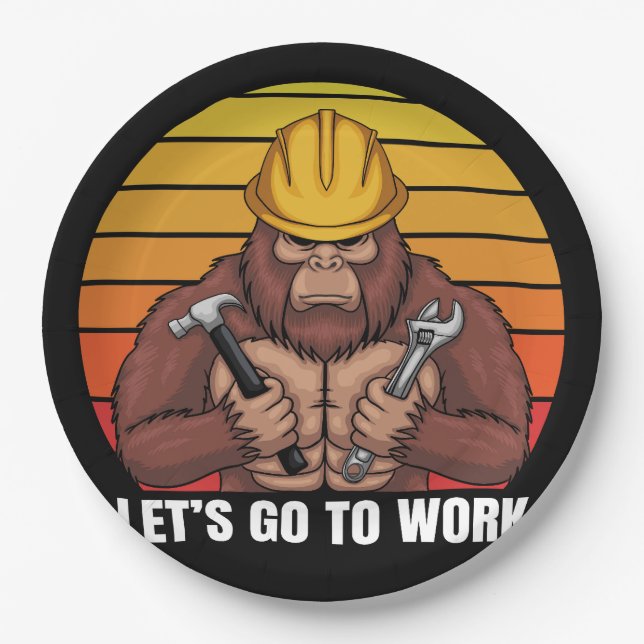 bigfoot wearing a helmet worker retro paper plate (Front)