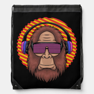 bigfoot wearing a techno eyeglasses and headphone drawstring bag