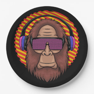 bigfoot wearing a techno eyeglasses and headphone paper plate