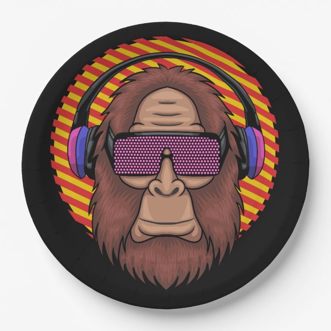 bigfoot wearing a techno eyeglasses and headphone paper plate (Front)