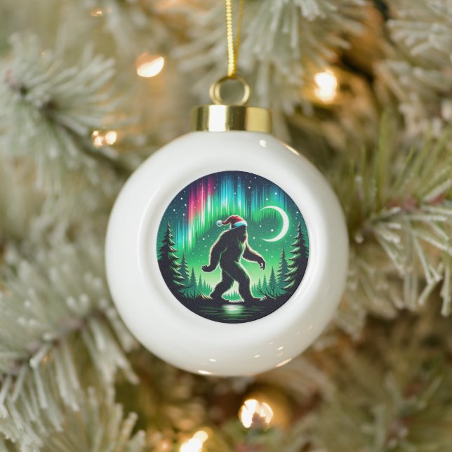 Bigfoot With Aurora Borealis and Christmas Cheer Ceramic Ball Christmas Ornament (Tree)