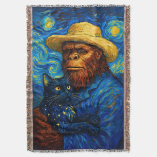 Bigfoot with Cat in Van Gogh Style Starry Night  Throw Blanket